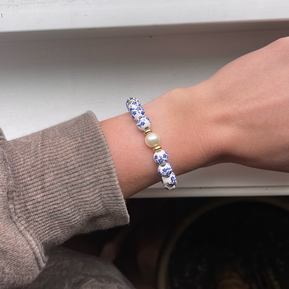 Homemade White and Blue Painted Beaded Bracelet